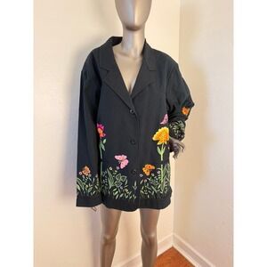 The Quacker Factory Embroidered Fairy Black Whimsy Cotton Jacket Blazer 1X